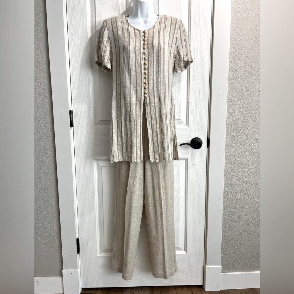 Vintage Striped Set Top Pants Set Flax Linen Beige Cream & Gray Made in USA 5/6